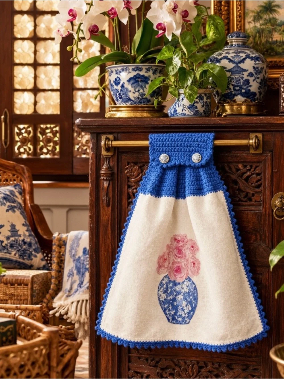 Handmade Crochet Hanging Kitchen Towel Chinoiserie Blue White Roses